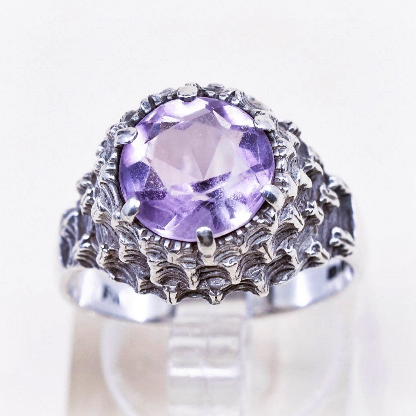Size 6, vintage Sterling 925 silver handmade crown ring with amethyst