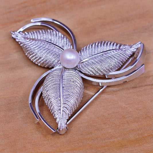 Vintage Wells handmade sterling 925 silver leaves brooch with pearl