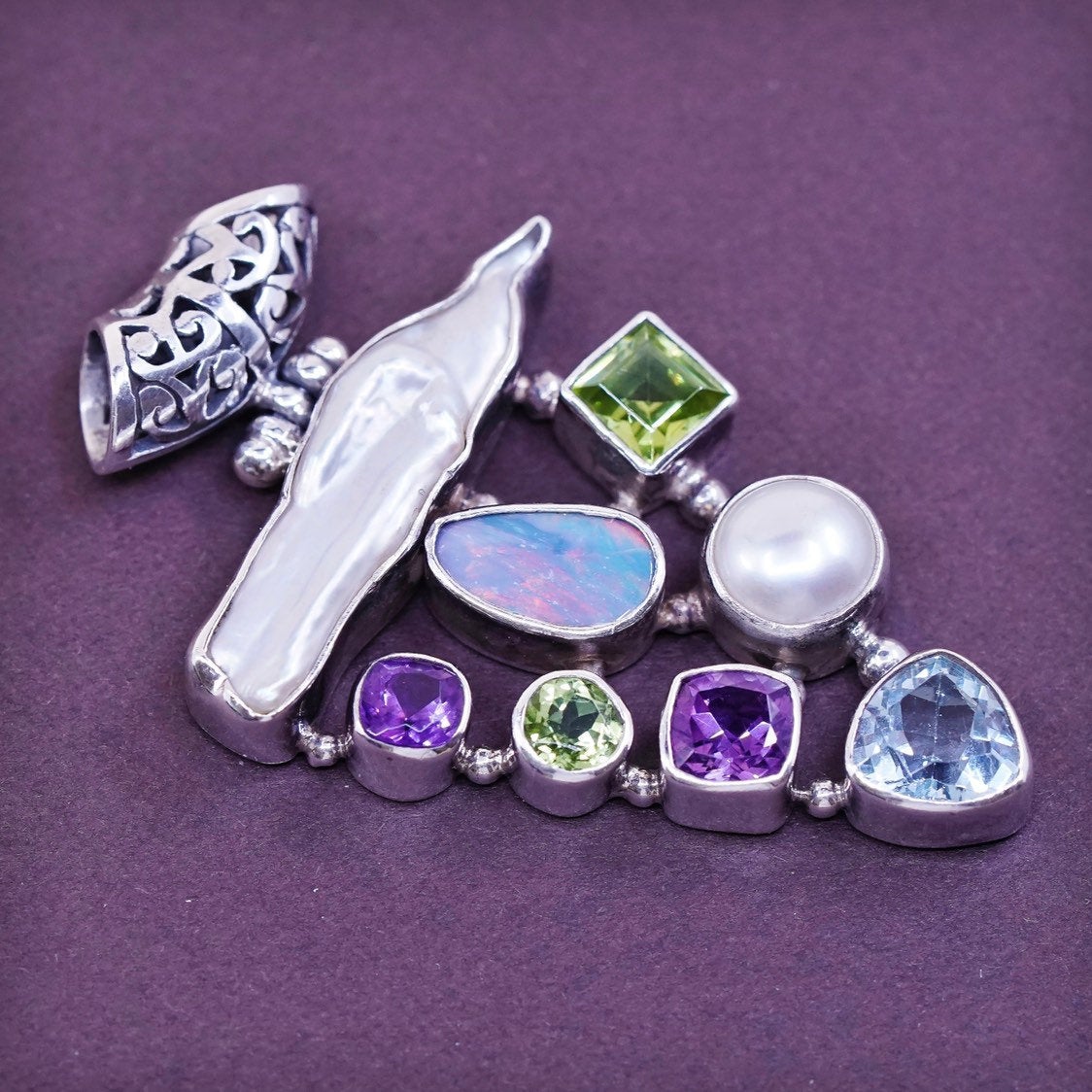 vtg Sterling silver handmade 925 pendant w/ opal, peridot amethyst topaz pearl