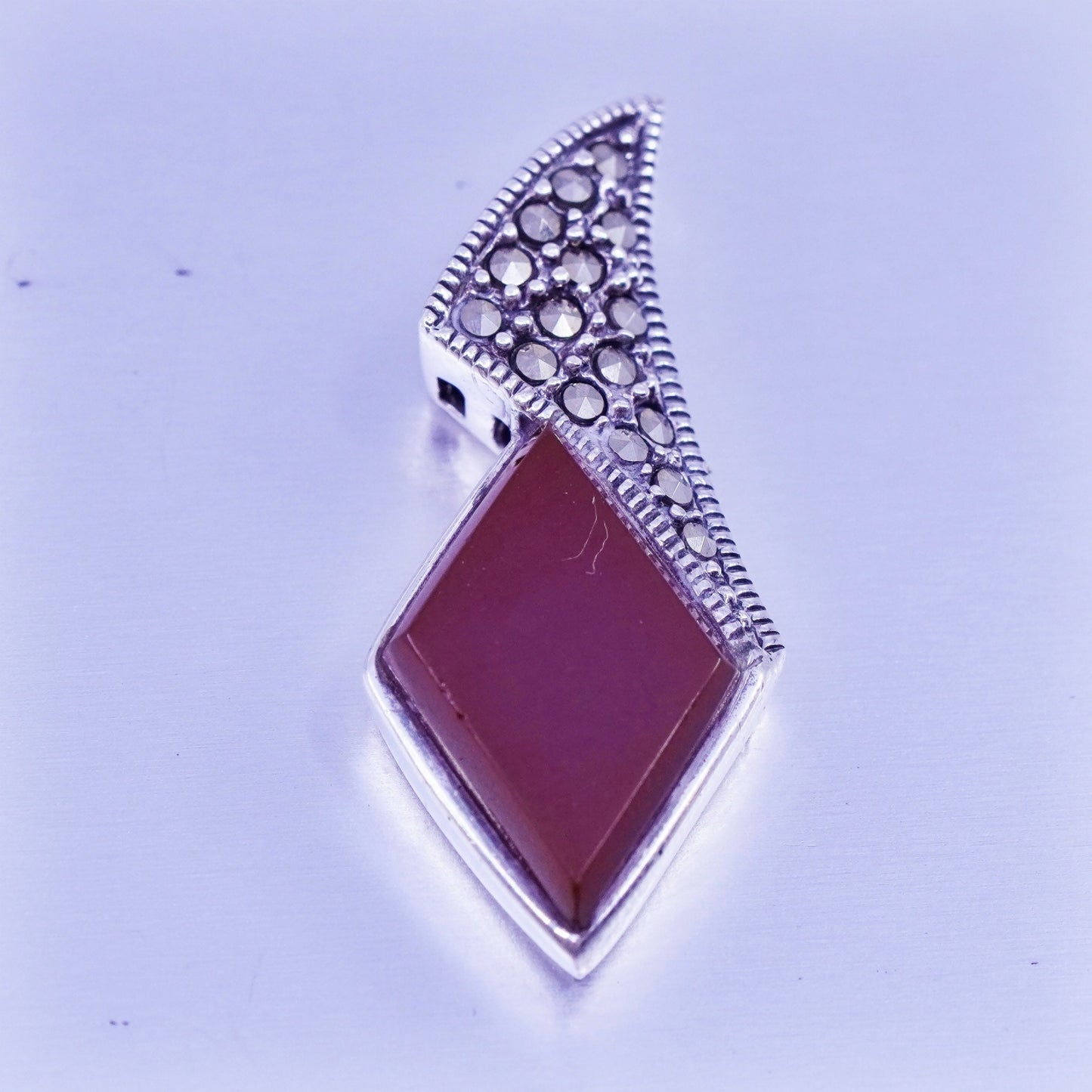 antique sterling 925 silver diamond shaped pendant with carnelian and Marcasite