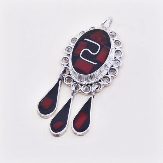 vtg sterling 925 silver handmade pendant w/ black N red resin teardrop dangles
