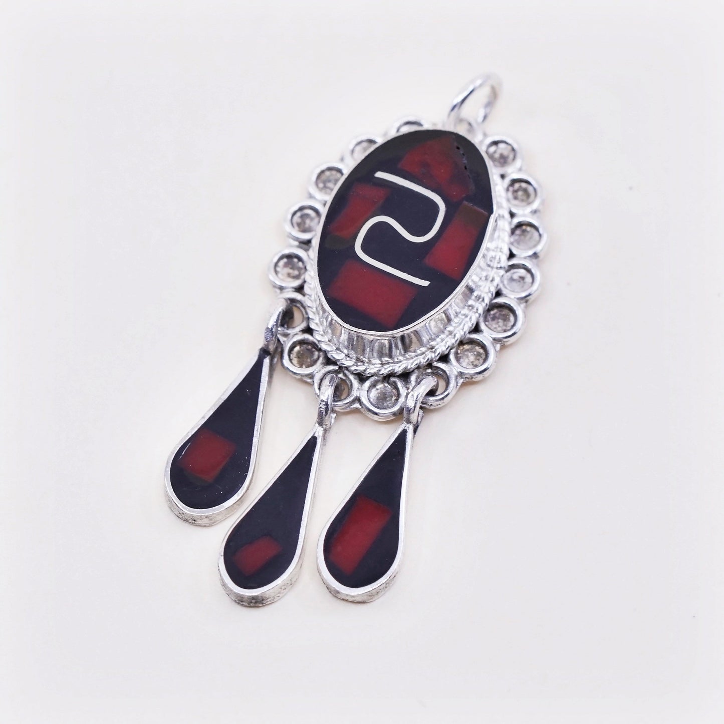 vtg sterling 925 silver handmade pendant w/ black N red resin teardrop dangles