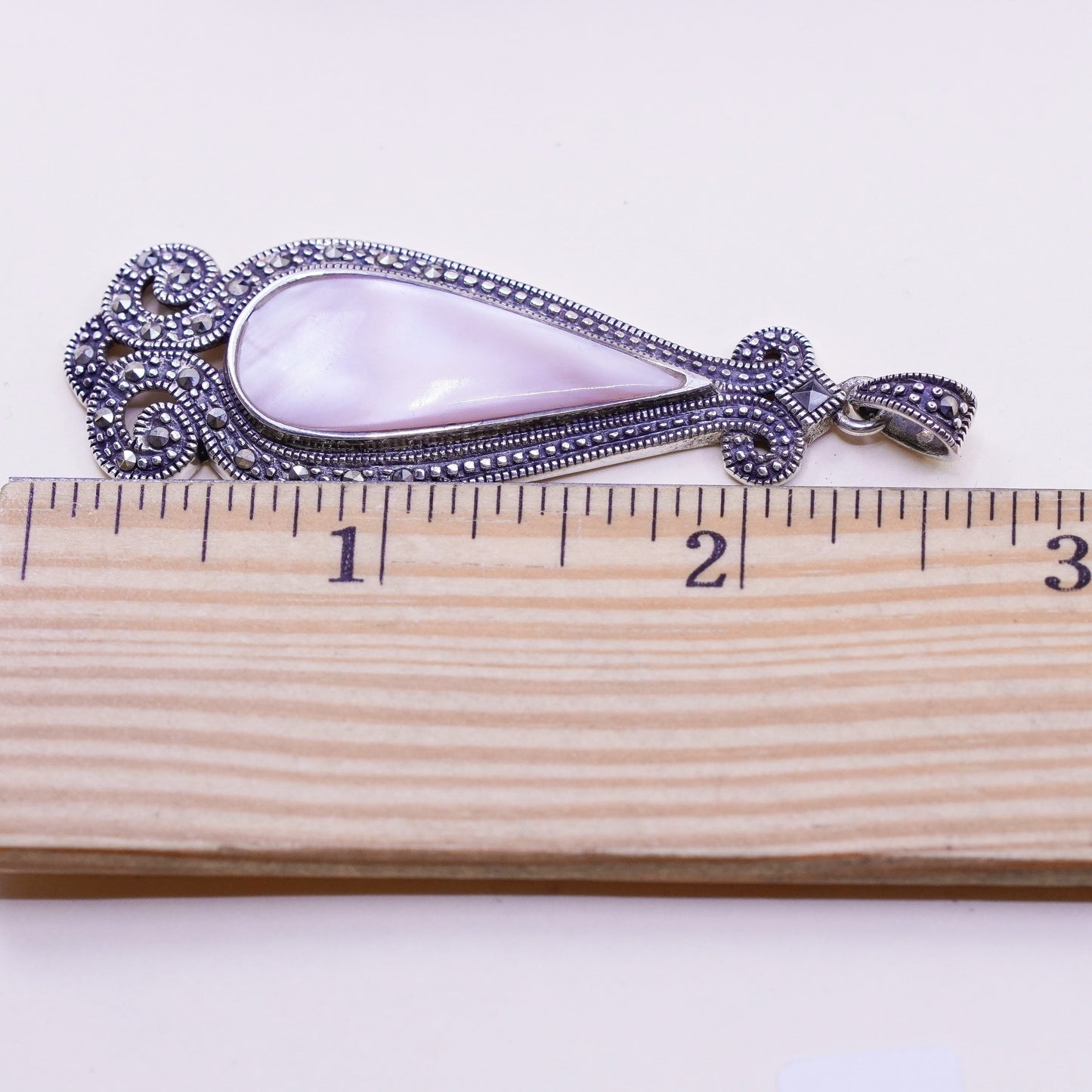 vtg sterling 925 silver handmade pendant, teardrop mother of pearl marcasite