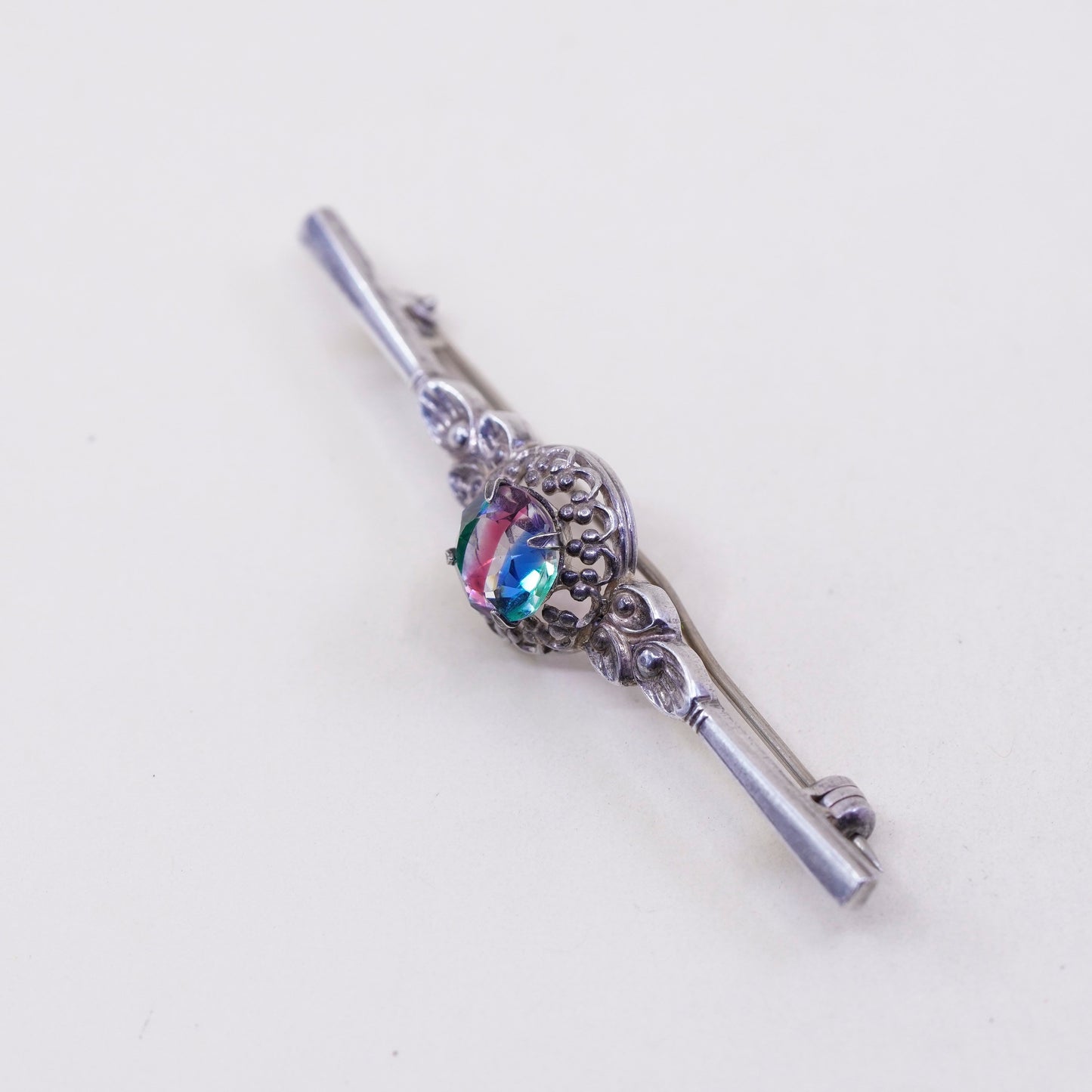 vtg sterling silver handmade brooch, 925 long filigree bar pin with fluorite