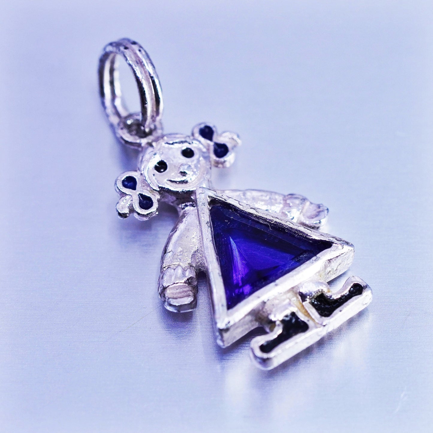 Antique Sterling silver handmade charm, 925 birthstone blue crystal dress