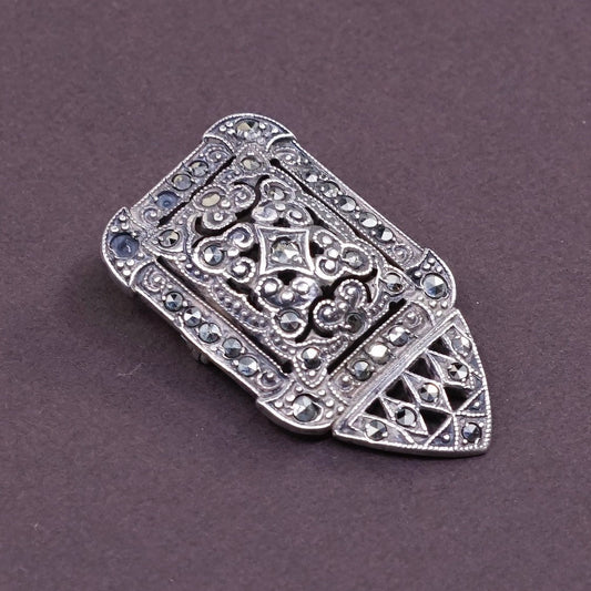 Vintage handmade sterling silver brooch, Solid 925 silver with marcasite