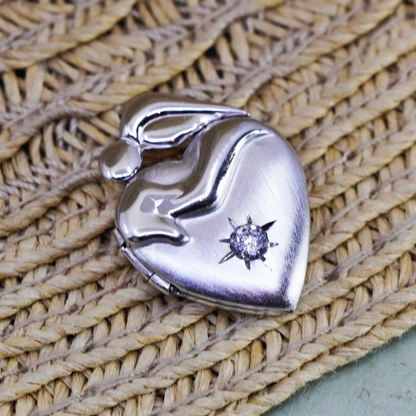 Vintage Sterling silver handmade pendant, mother baby 925 heart photo locket cz