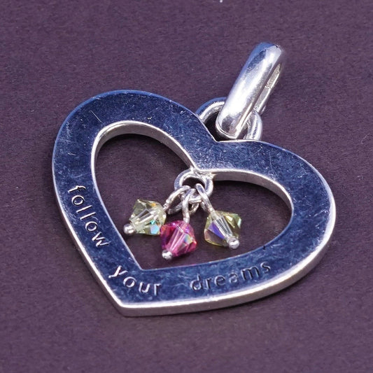 Sterling silver pendant 925 heart pendant w/ pink crystal "follow your dream"