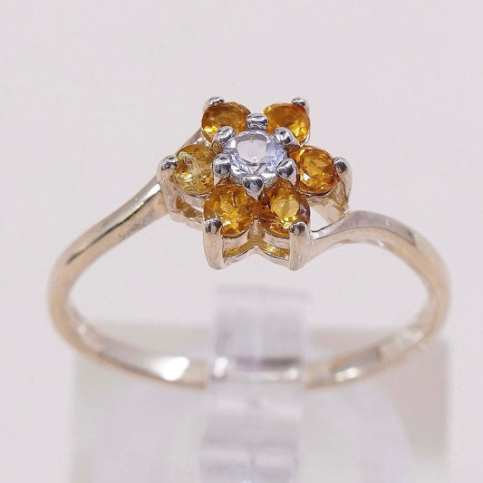 sz 7, Vermeil gold sterling silver citrine ring, 925 flower engagement ring