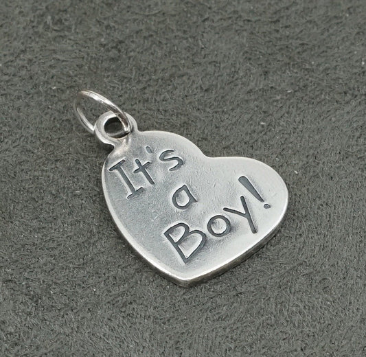 vtg sterling silver handmade charm, 925 heart pendant embossed “it’s a boy”