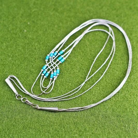 16”, liquid Sterling silver 3 strands necklace, Native American 925 turquoise