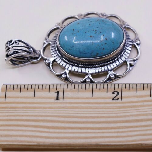 Vtg Southwestern Sterling 925 Silver Huge Handmade Pendant W/ Oval Turquoise