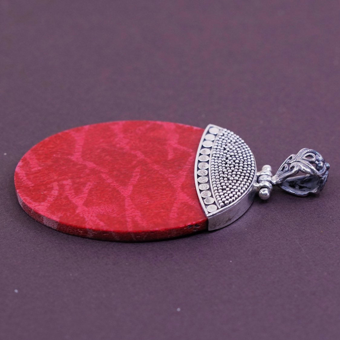 vtg ATI Indonesia Sterling silver handmade pendant, 925 w/ oval red coral