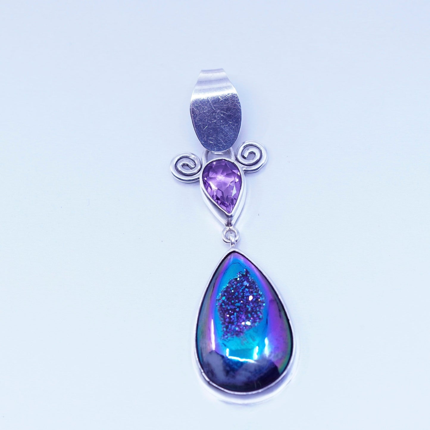 designer sterling 925 silver teardrop pendant amethyst blue metallic druzy