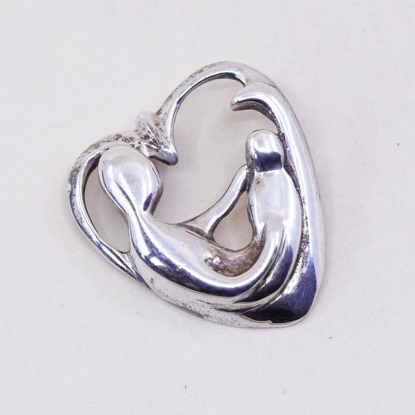 Vintage sterling silver handmade pendant, heart 925 pendant, Mother and baby