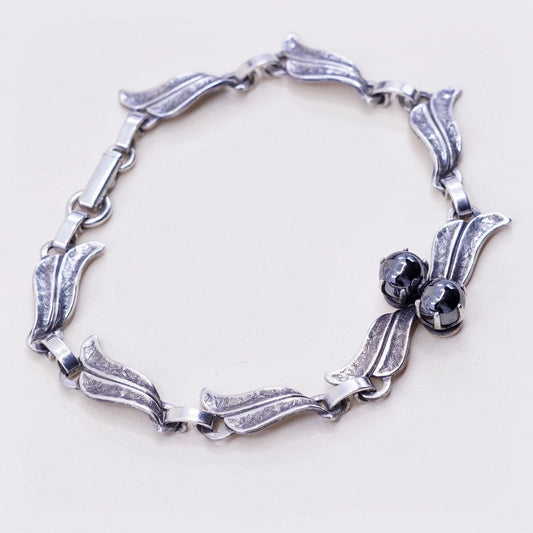 7.5”, antique sterling silver bracelet, 925 wavy chain with hematite beads