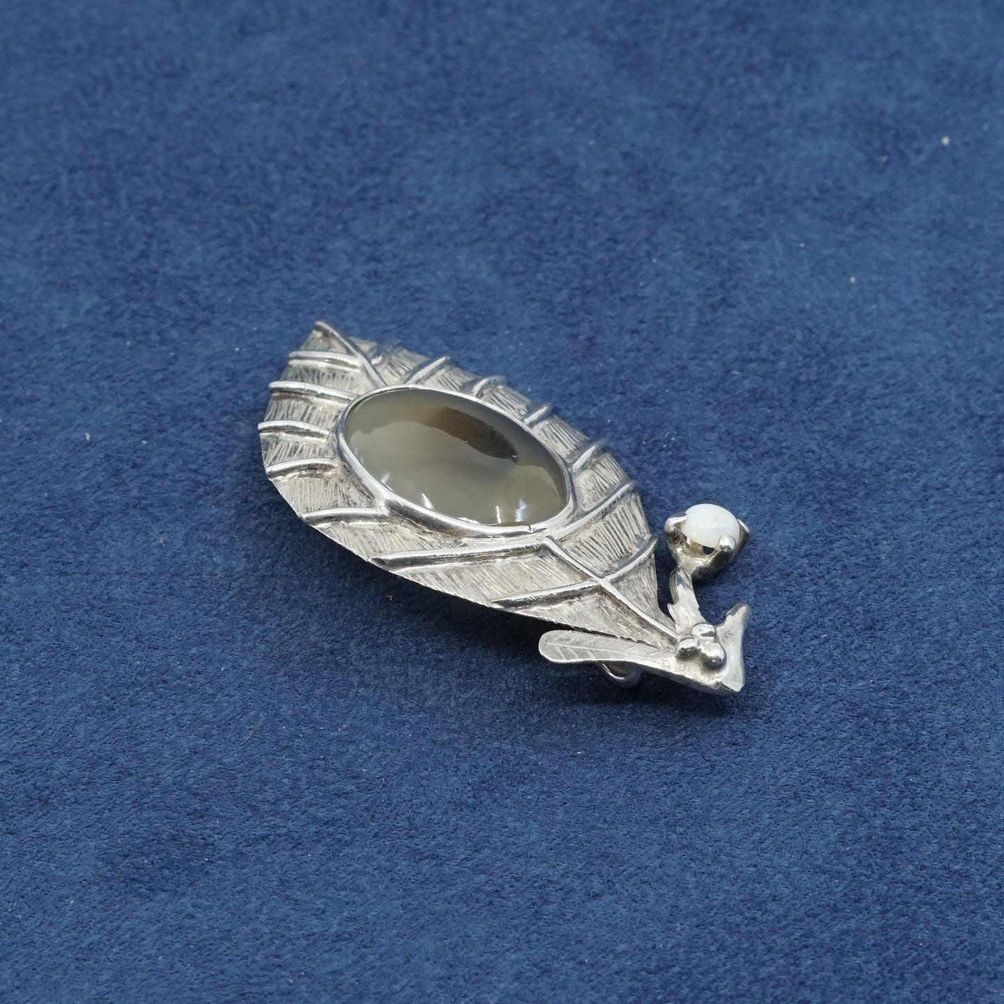vtg Sterling silver handmade brooch, mexico 925 leaf pendant w/ agate