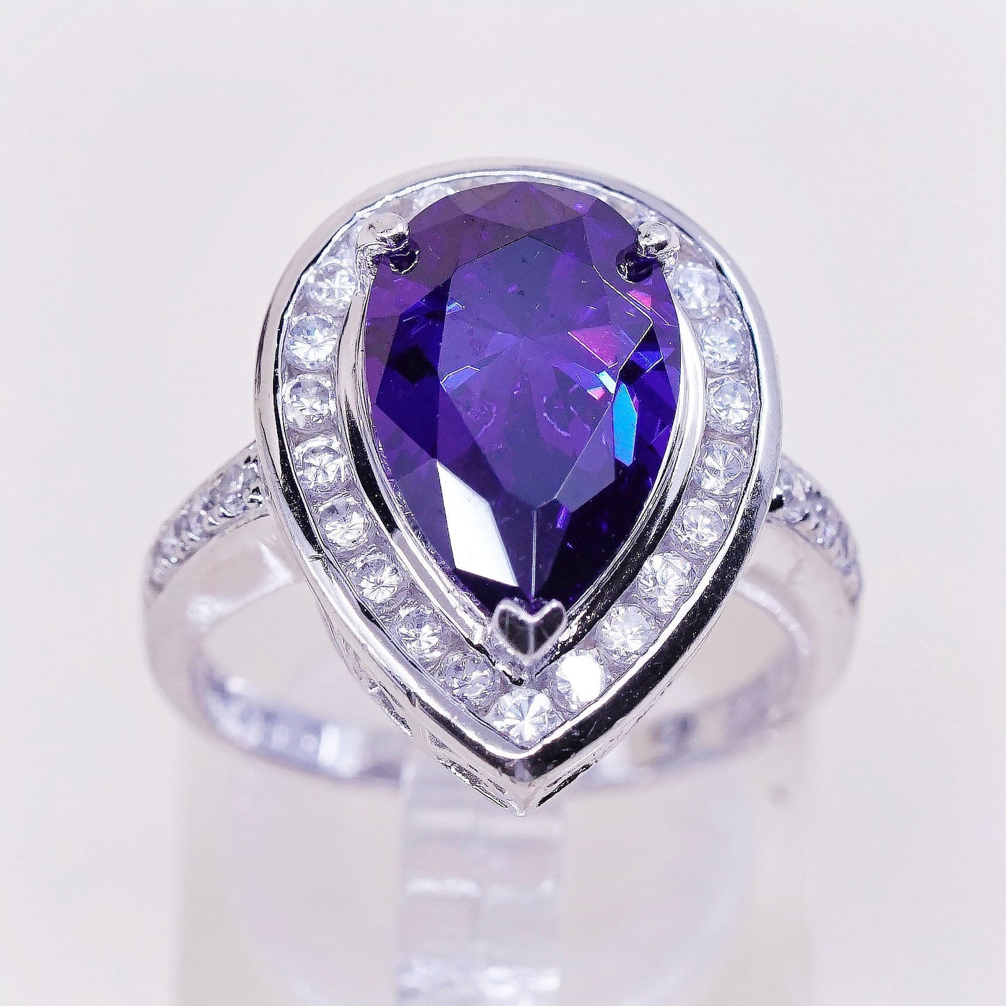 sz 7.25, vtg white gold coated sterling 925 ring w/ teardrop amethyst N Cz