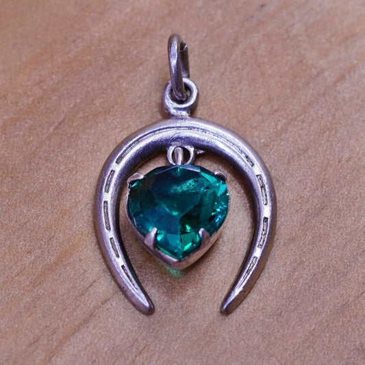 Vintage Sterling silver handmade pendant, 925 horseshoe charm green heart cz