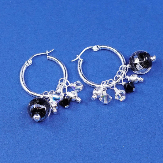 vtg Sterling silver handmade earrings, 925 hoops dangles w/ cluster crystal