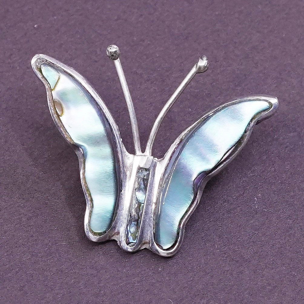 VTG Sterling silver handmade pendant, Mexico 925 w/ abalone butterfly