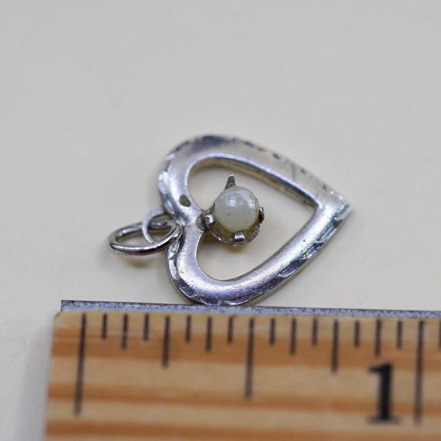 Vintage sterling silver heart charm, 925 pendant with glass bead