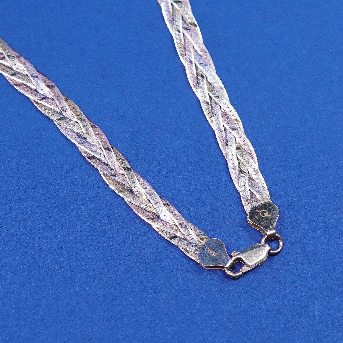 18" 8mm, vtg triple tone Sterling silver necklace, 925 woven herringbone chain