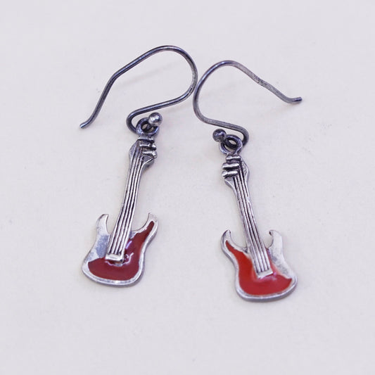 Vintage sterling silver handmade earrings, 925 guitar dangle and red enamel