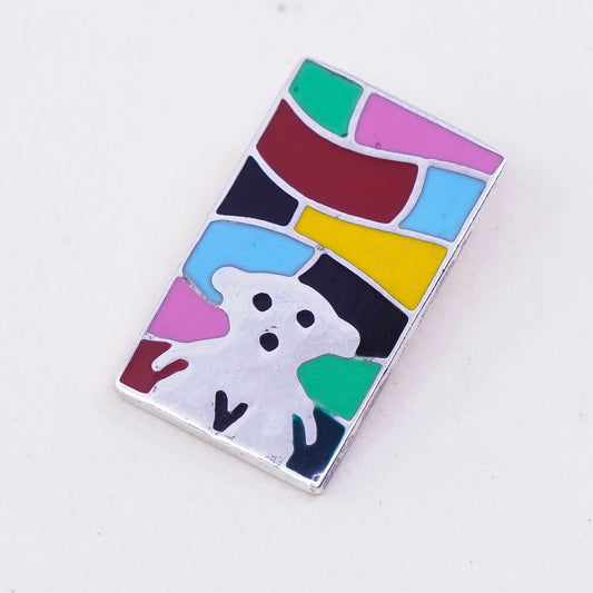 vintage Sterling silver handmade pendant, colorful enamel 925 teddy bear charm