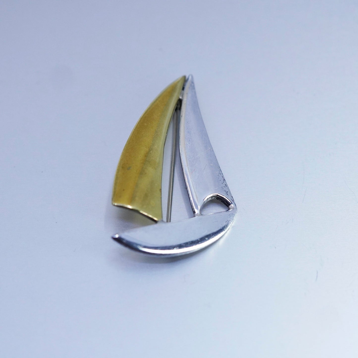 Vintage handmade sterling 925 silver sailing boat brooch with brass