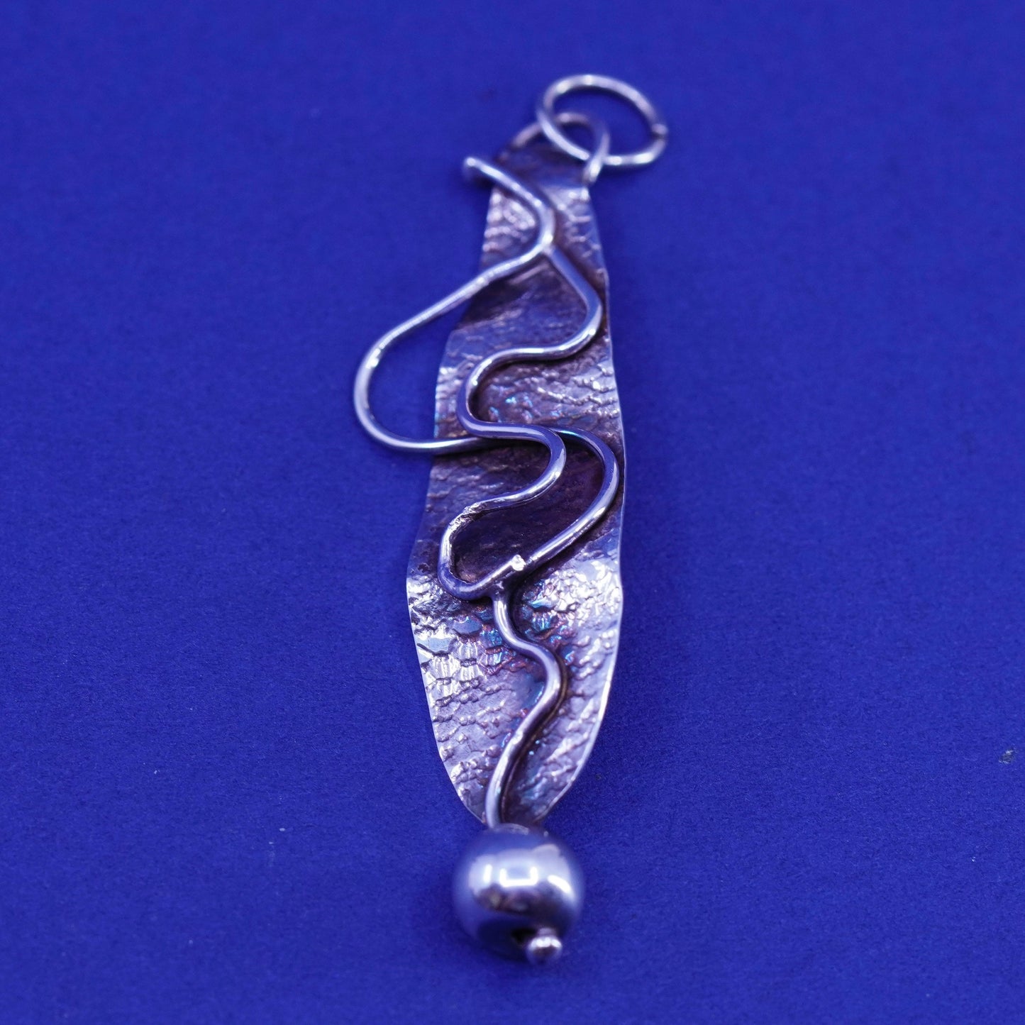 Vintage sterling silver handmade pendant, 925 wavy tag with bead