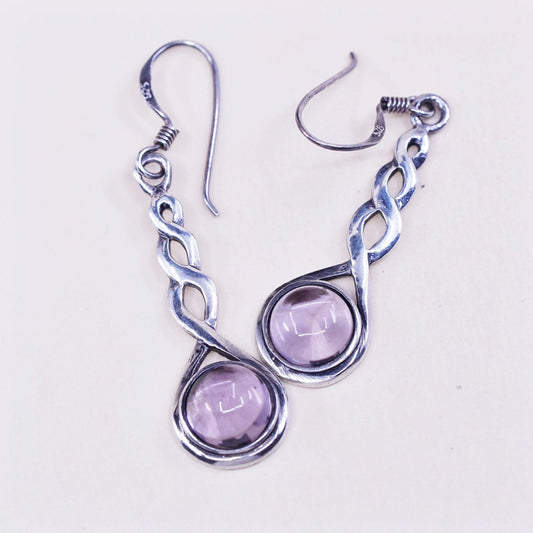 Vintage sterling silver handmade earrings, 925 twisted drops with amethyst