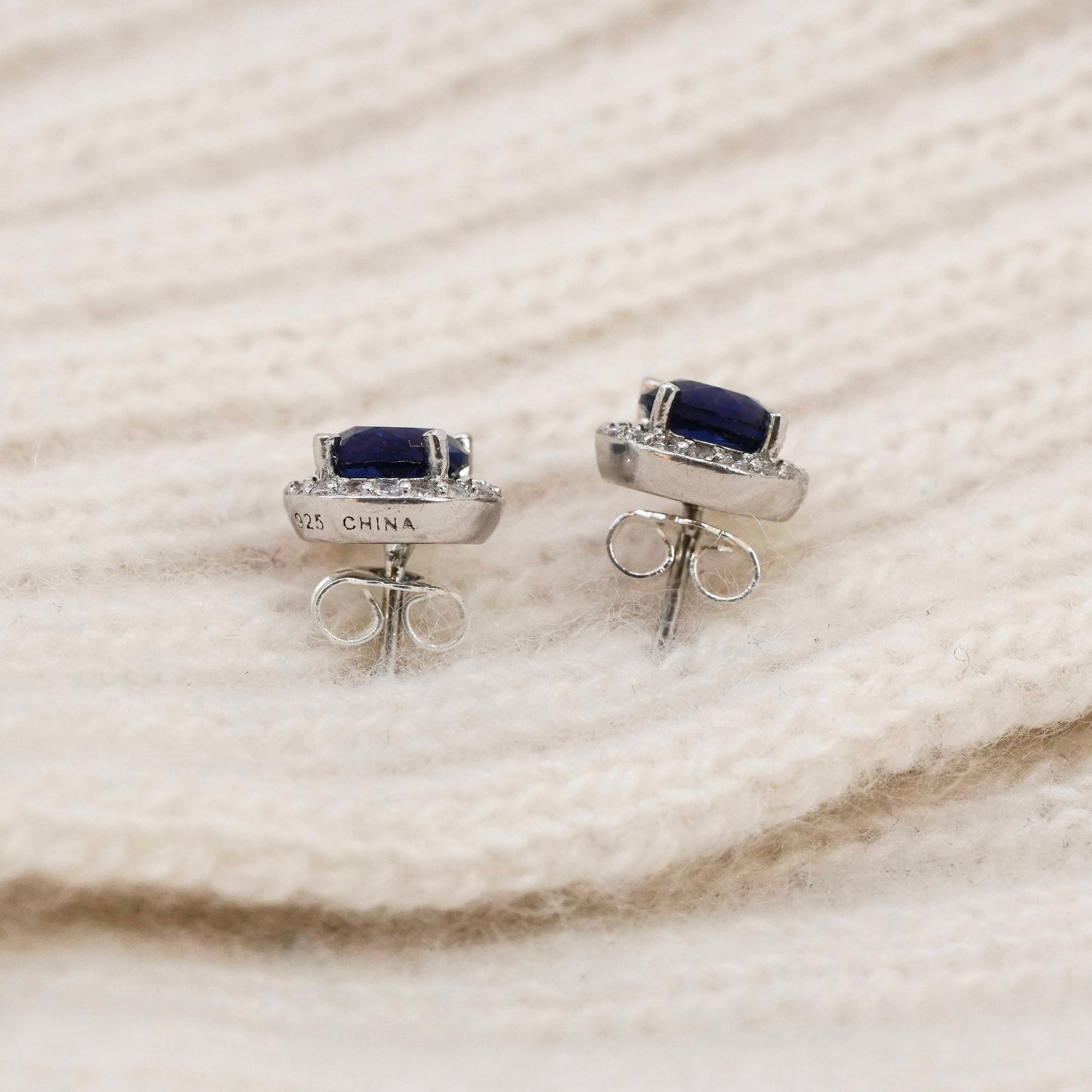 Vintage Sterling silver handmade earrings, 925 studs with sapphire cluster Cz