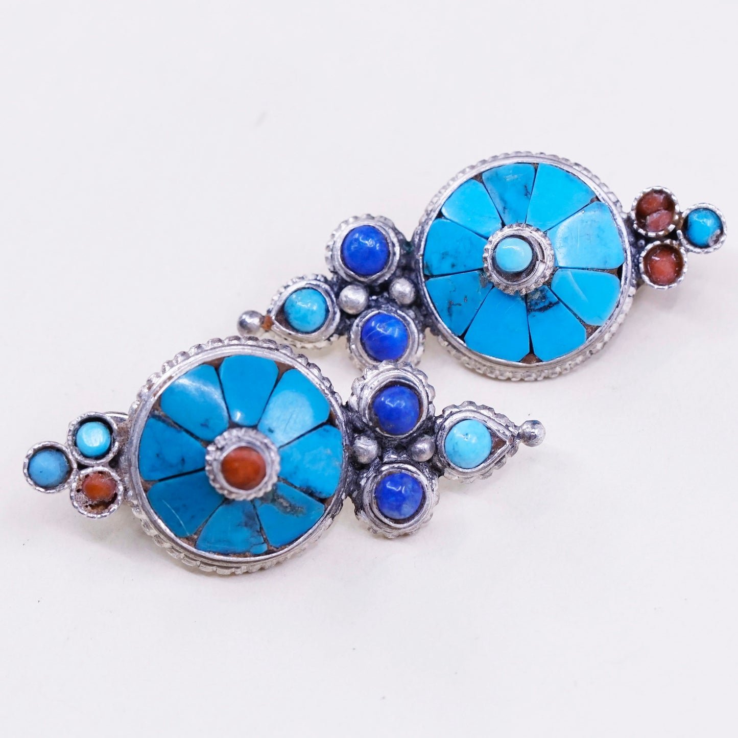 Native American Vintage handmade 925 Sterling earrings with turquoise coral