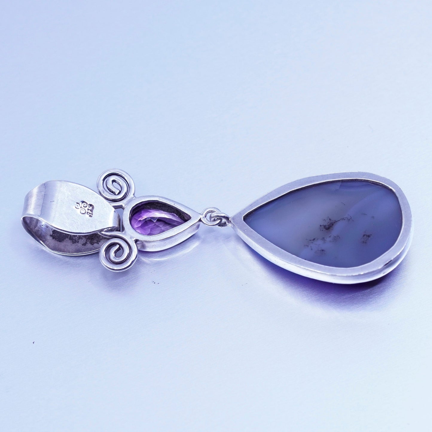 designer sterling 925 silver teardrop pendant amethyst blue metallic druzy