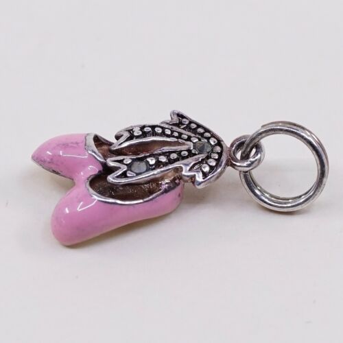 Vintage Sterling 925 Silver Pink Enamel Ballerina Shoes Pendant Charm, Stamped