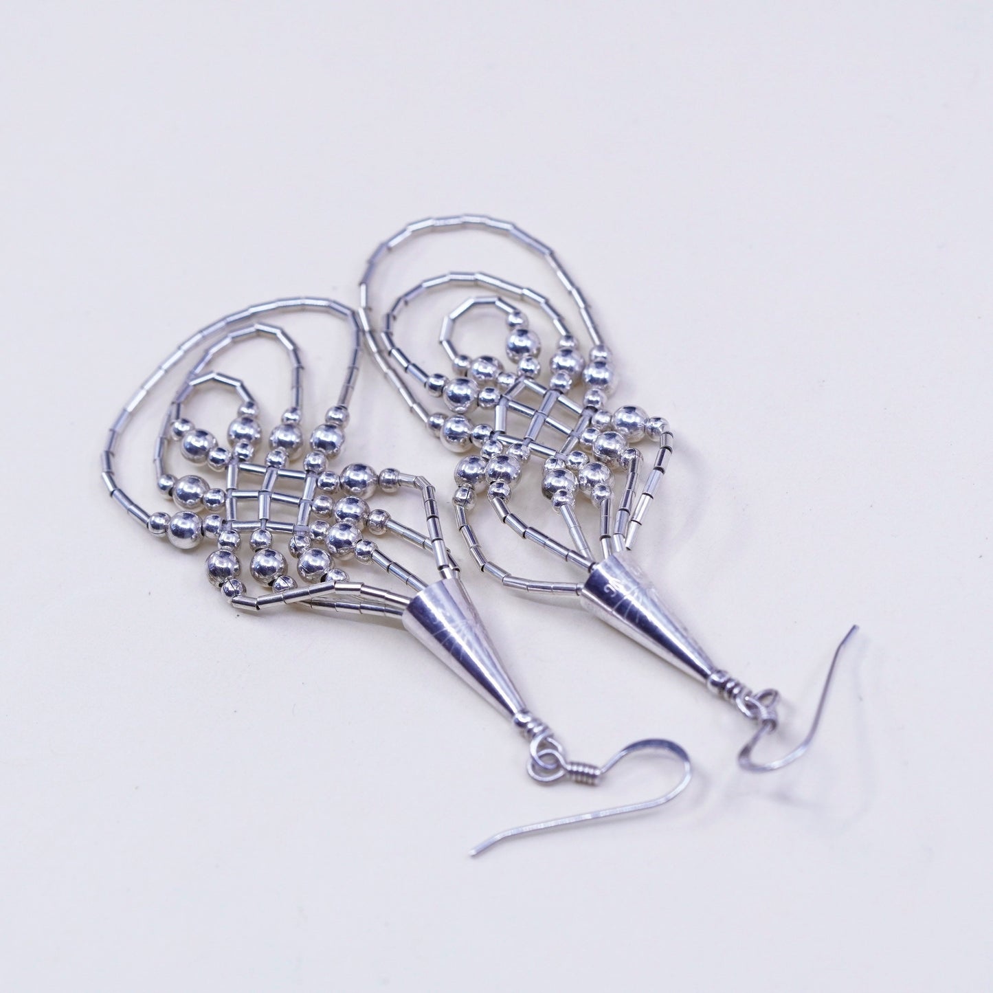 vtg Sterling silver handmade earrings, 925 liquid silver braided woven drops