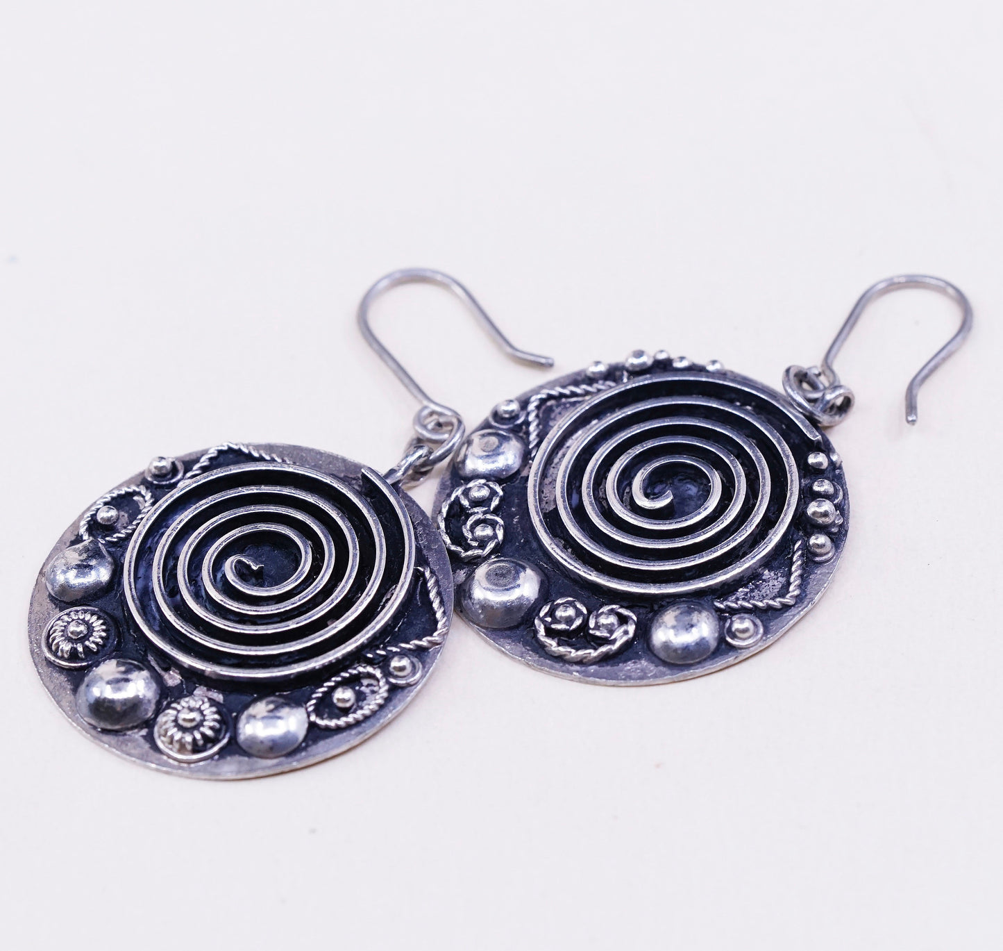 Vintage sterling silver handmade earrings, 900 swirl disc w/ beads