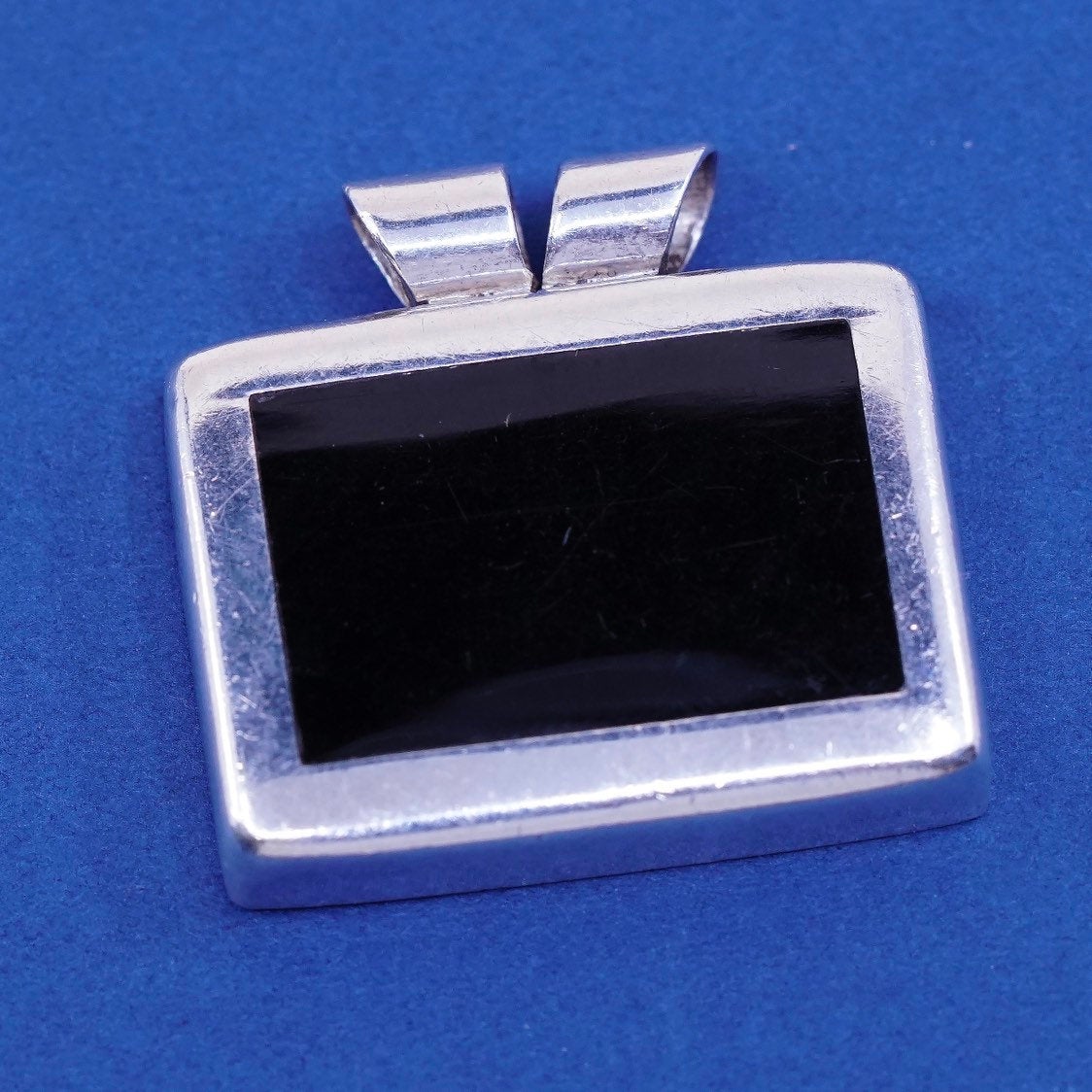 vtg Sterling silver handmade pendant, 925 w/ square obsidian pendant