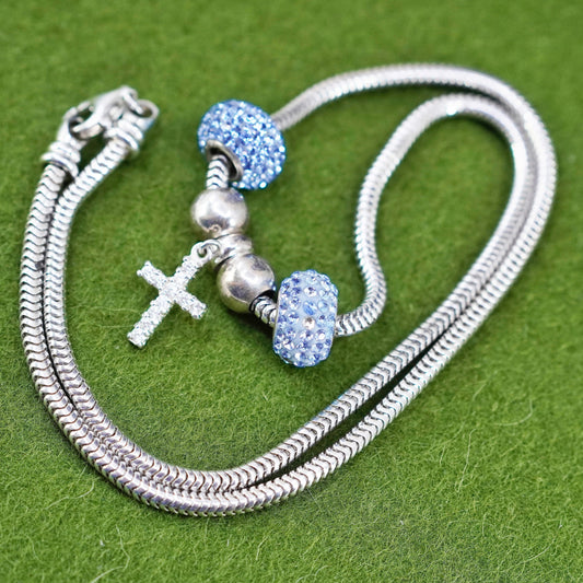 18”, sterling 925 silver snake necklace with cross pendant blue crystal beads