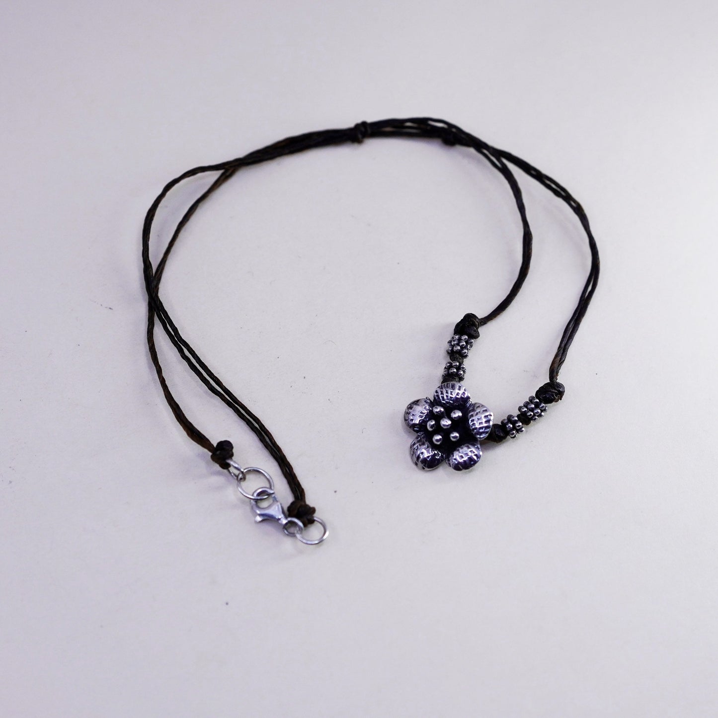 16”, Vintage leather necklace and Sterling 925 silver flower pendant