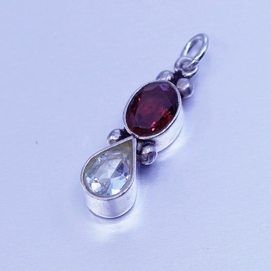 antique sterling 925 silver pendant, oval ruby and teardrop crystal charm