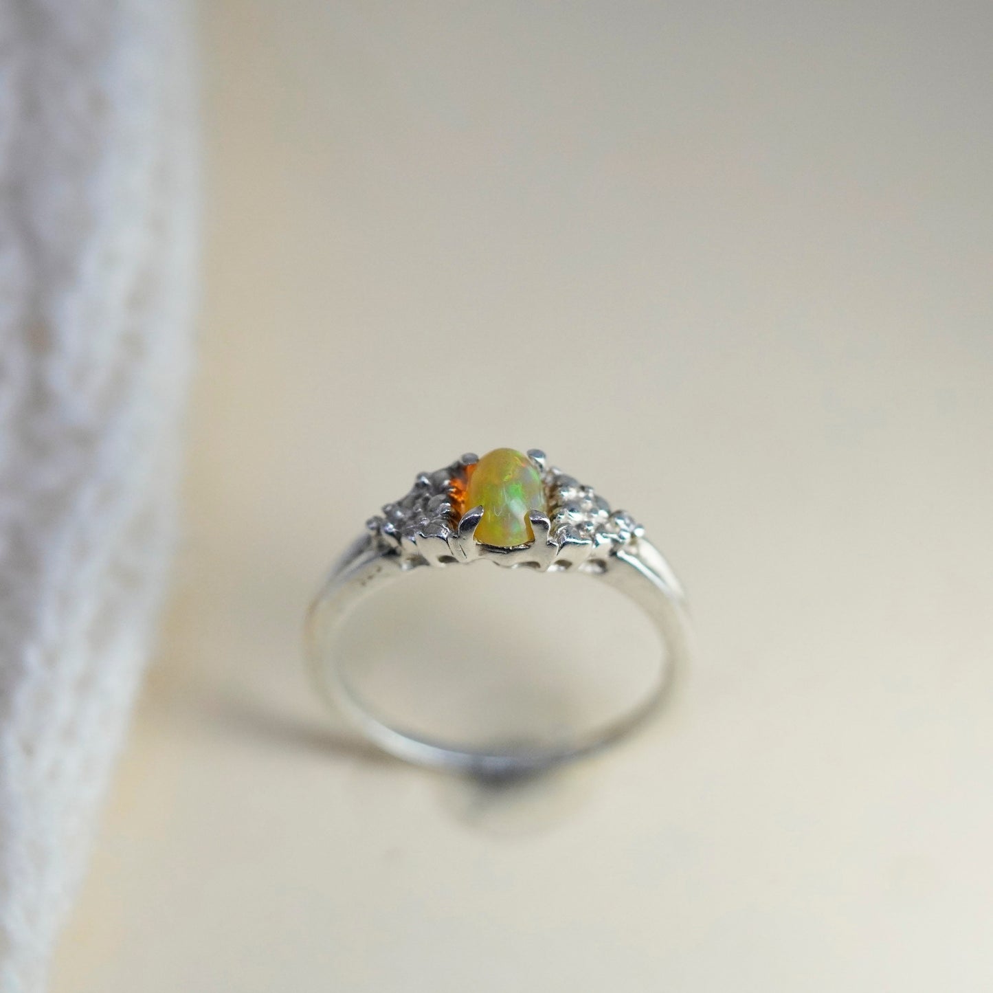 Size 7.25, vintage Sterling 925 silver handmade ring with oval opal and cz