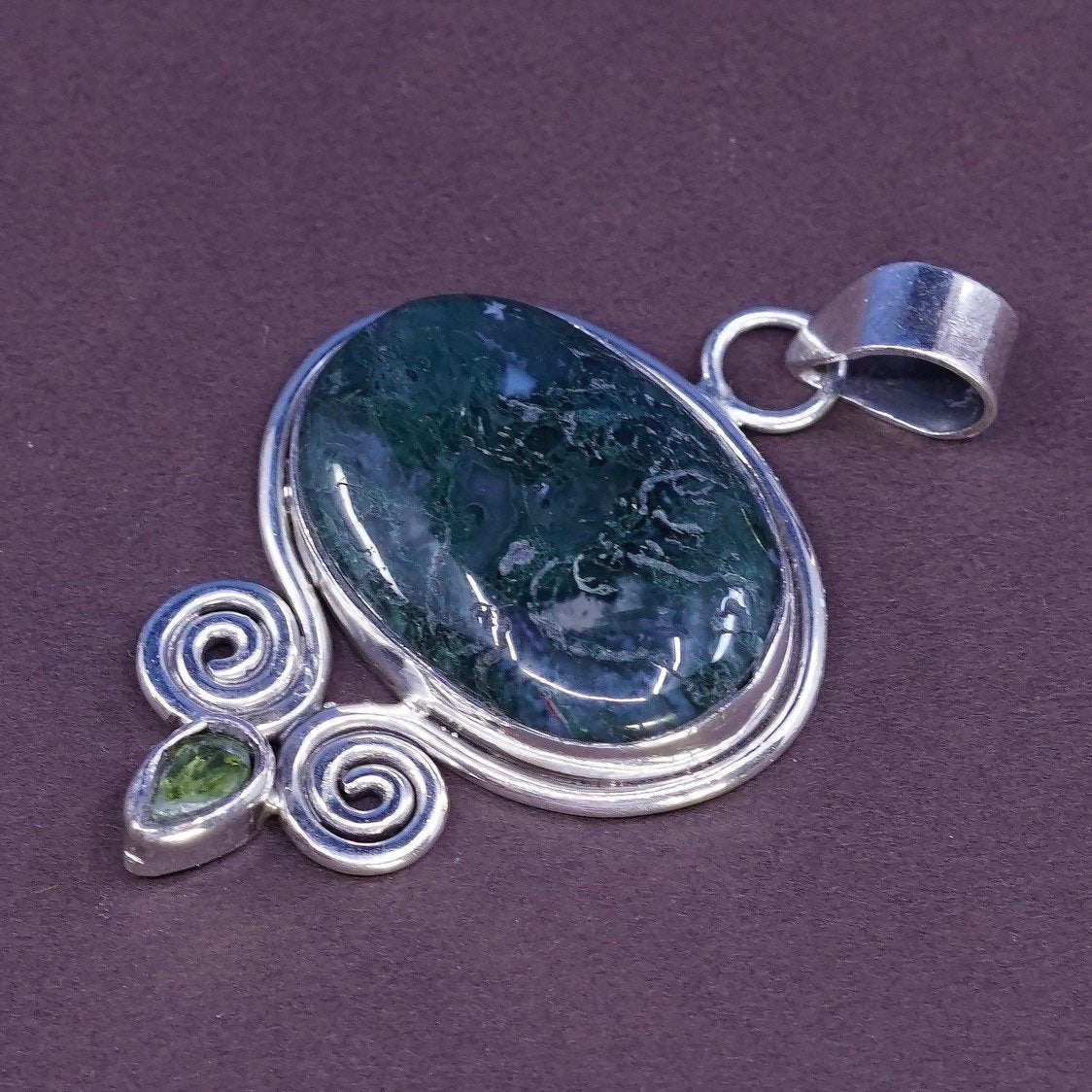 vtg Sterling silver handmade pendant w/ dendritic agate and peridot