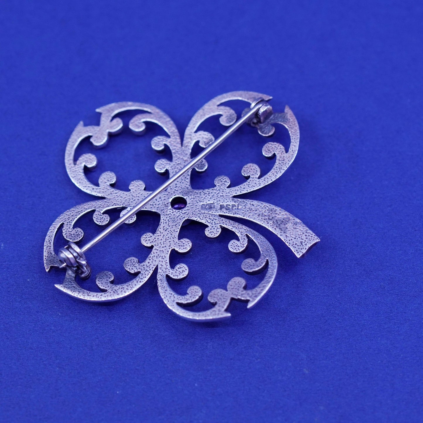 Vintage PSCL Sterling silver handmade brooch, 925 lucky clover flower amethyst