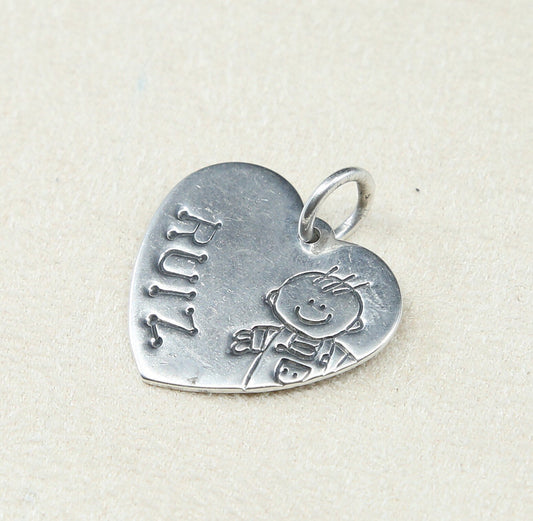 vtg Lucy Ann sterling silver handmade pendant, heart tag charm embossed a boy