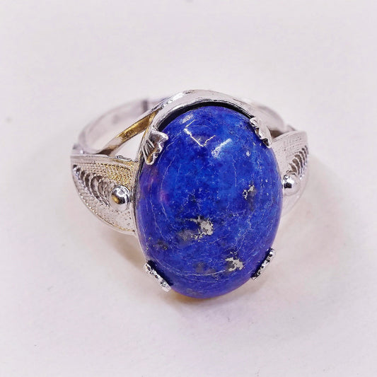 sz 6, vtg sterling silver handmade ring 925 statement ring w/ oval Lapis lazuli