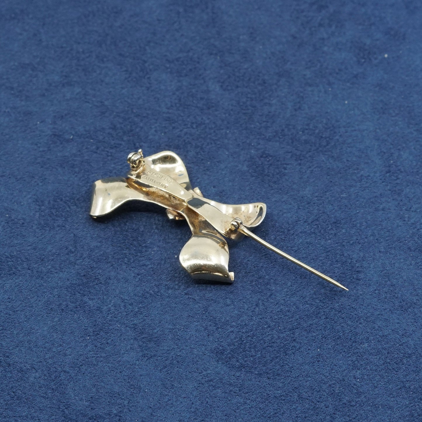 vtg vermeil gold over sterling silver handmade brooch, 925 bow pin w/ crystal