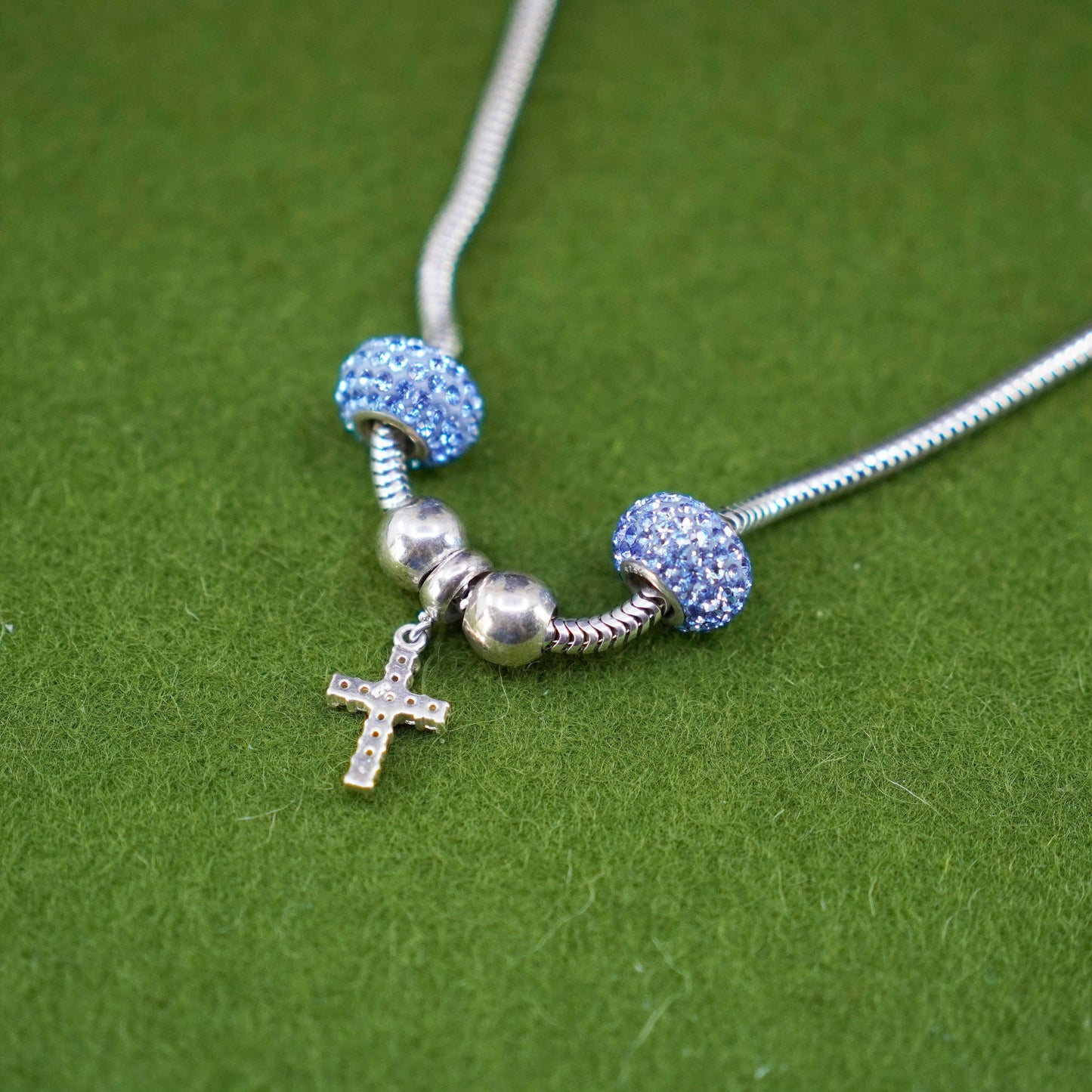 18”, sterling 925 silver snake necklace with cross pendant blue crystal beads