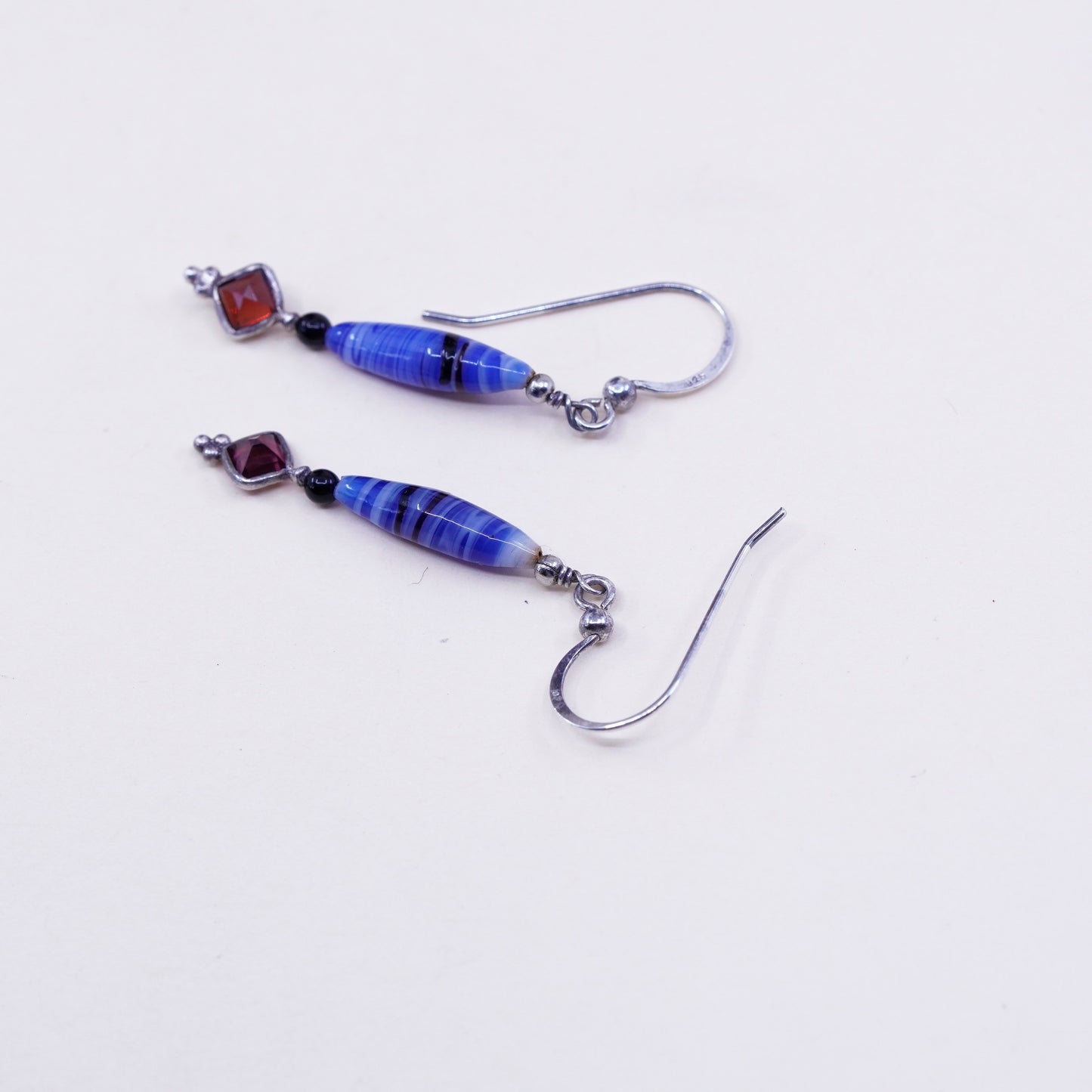 Sterling silver handmade earrings, 925 hooks w/ blue artisan glass drops N ruby